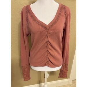 Free People Wear Me Out Long Sleeved Thermal Top With Cuff Detail, Rose, Large